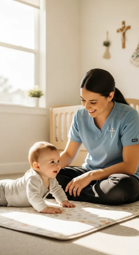 caregiver smiling with baby tummy time faith based preschool