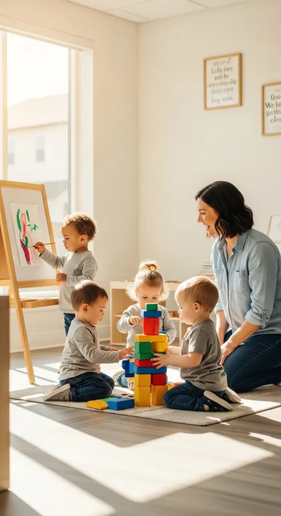 happy toddlers learning and playing in preschool classroom