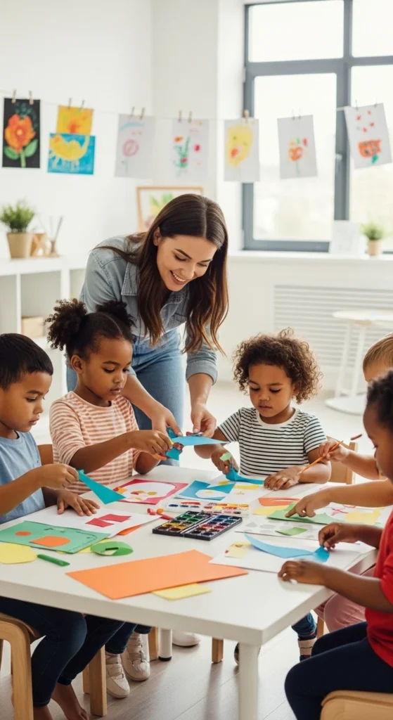 preschool children doing arts and crafts with teacher