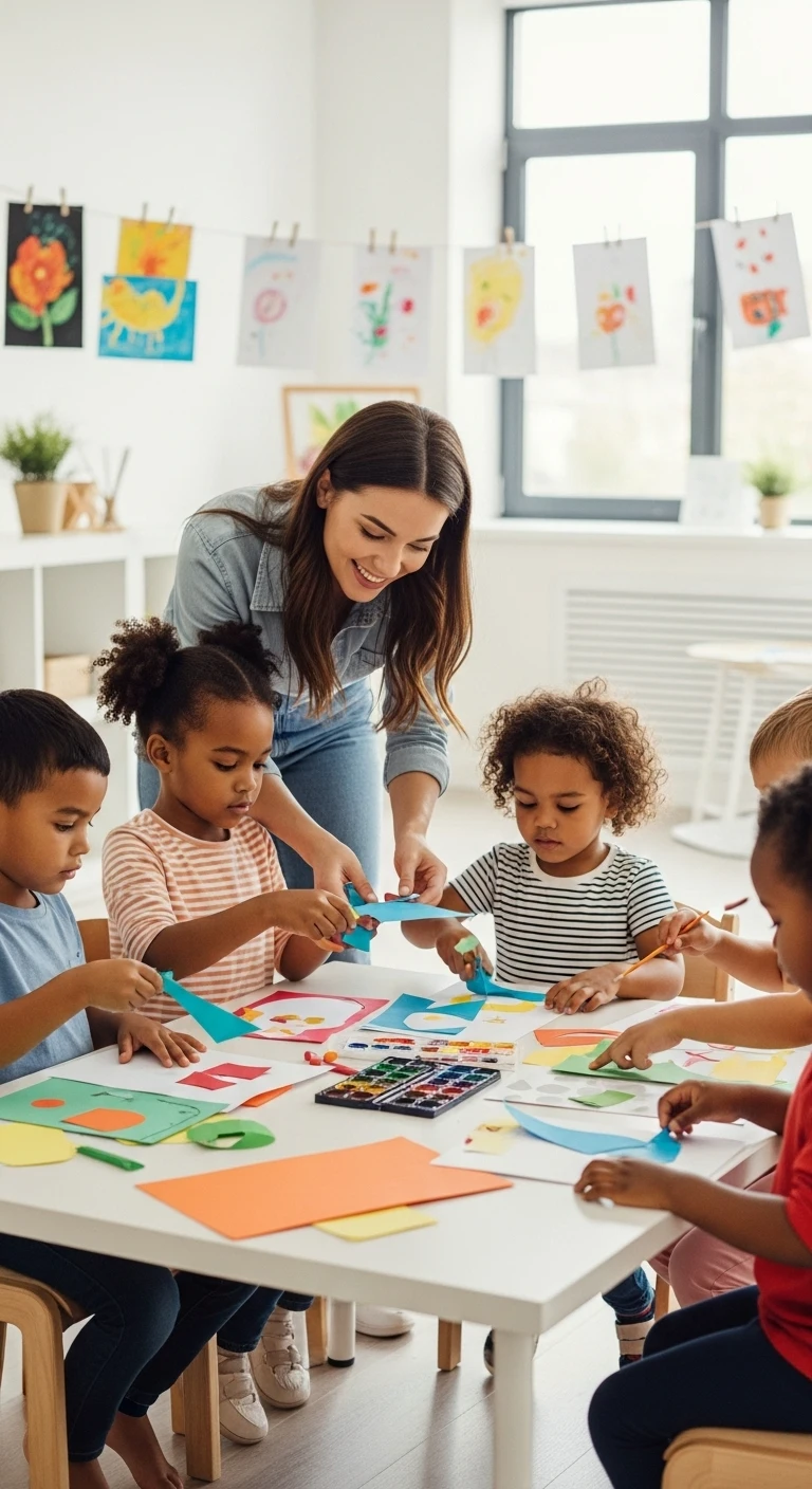 preschool children doing arts and crafts with teacher