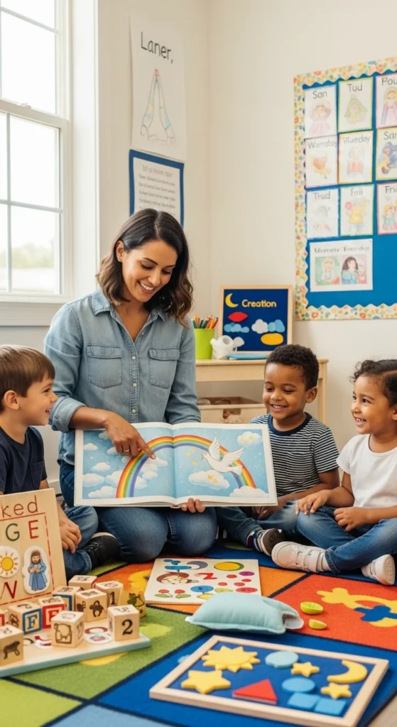 teacher using faith based curriculum with preschoolers