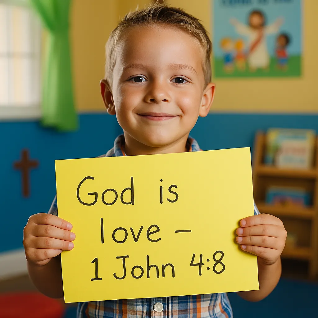 god is love 1 john 4 8 child holding handwritten bible verse classroom