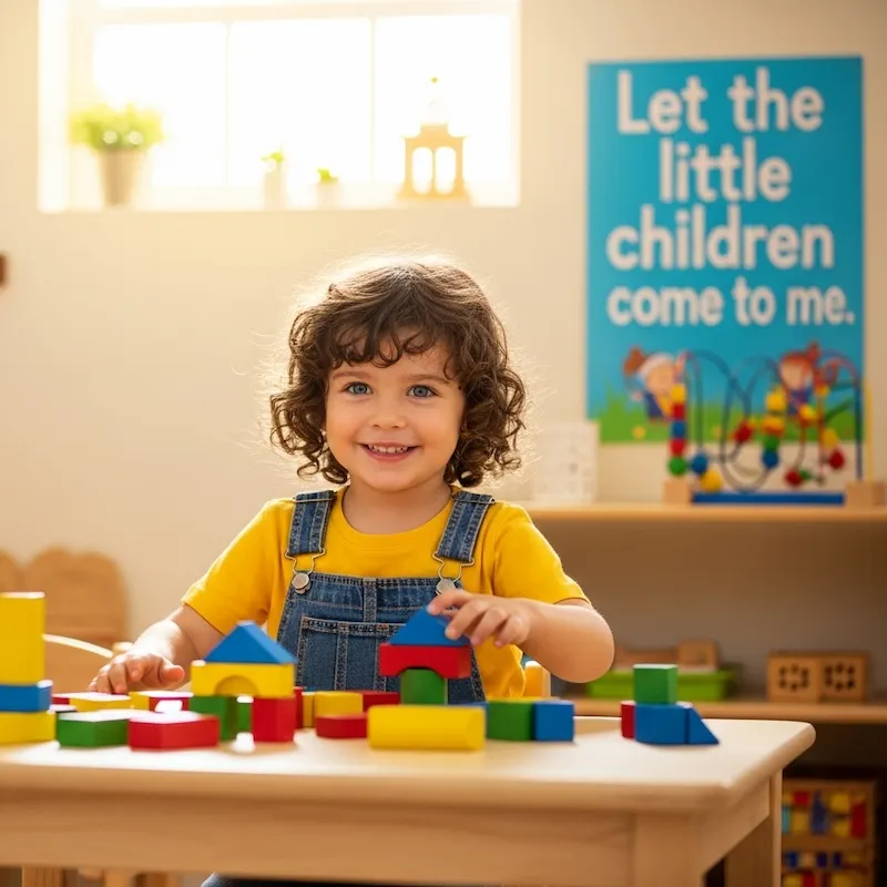 smiling preschool child playing blocks christian classroom faith based learning