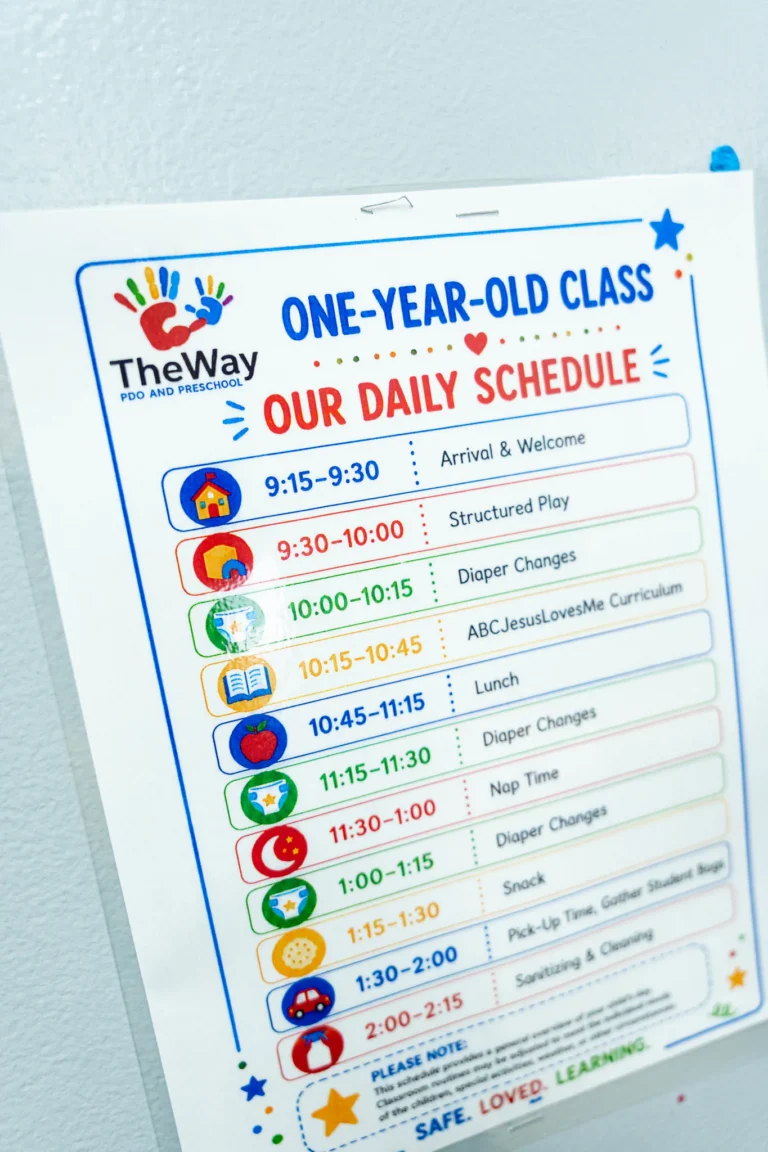 Daily schedule posted in the one-year-old class at The Way PDO