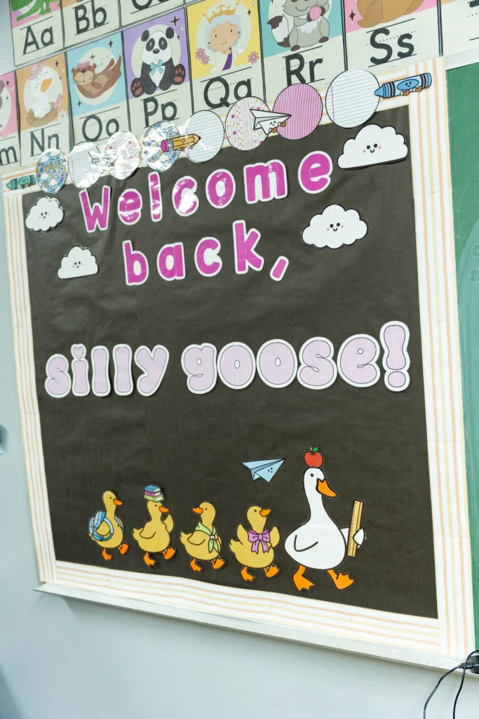 Welcome back bulletin board in a preschool classroom