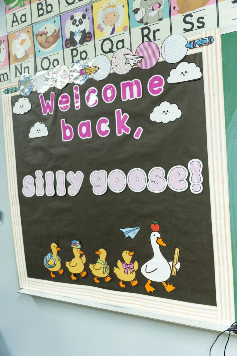 Welcome back bulletin board in a preschool classroom